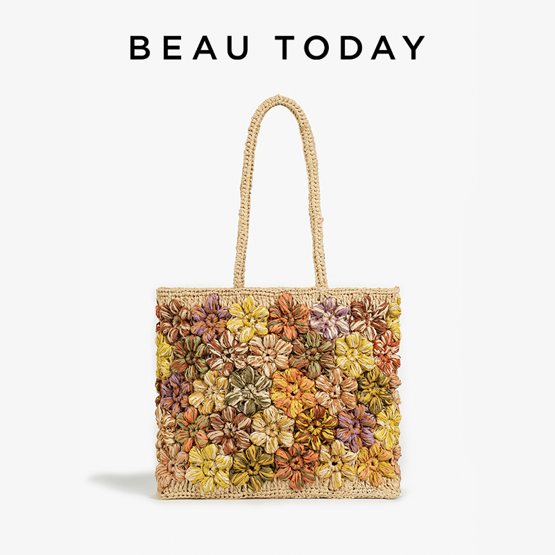 Women'S Raffia Bags - BEAUTODAY กระเป๋าผู้หญิงราฟเฟียสีผสมทอสี่เหลี่ยมดอกไม้ตกแต่งภายในช่องกระเป๋าสุภาพสตรีกระเป๋าทำด้วยมือ 62171
