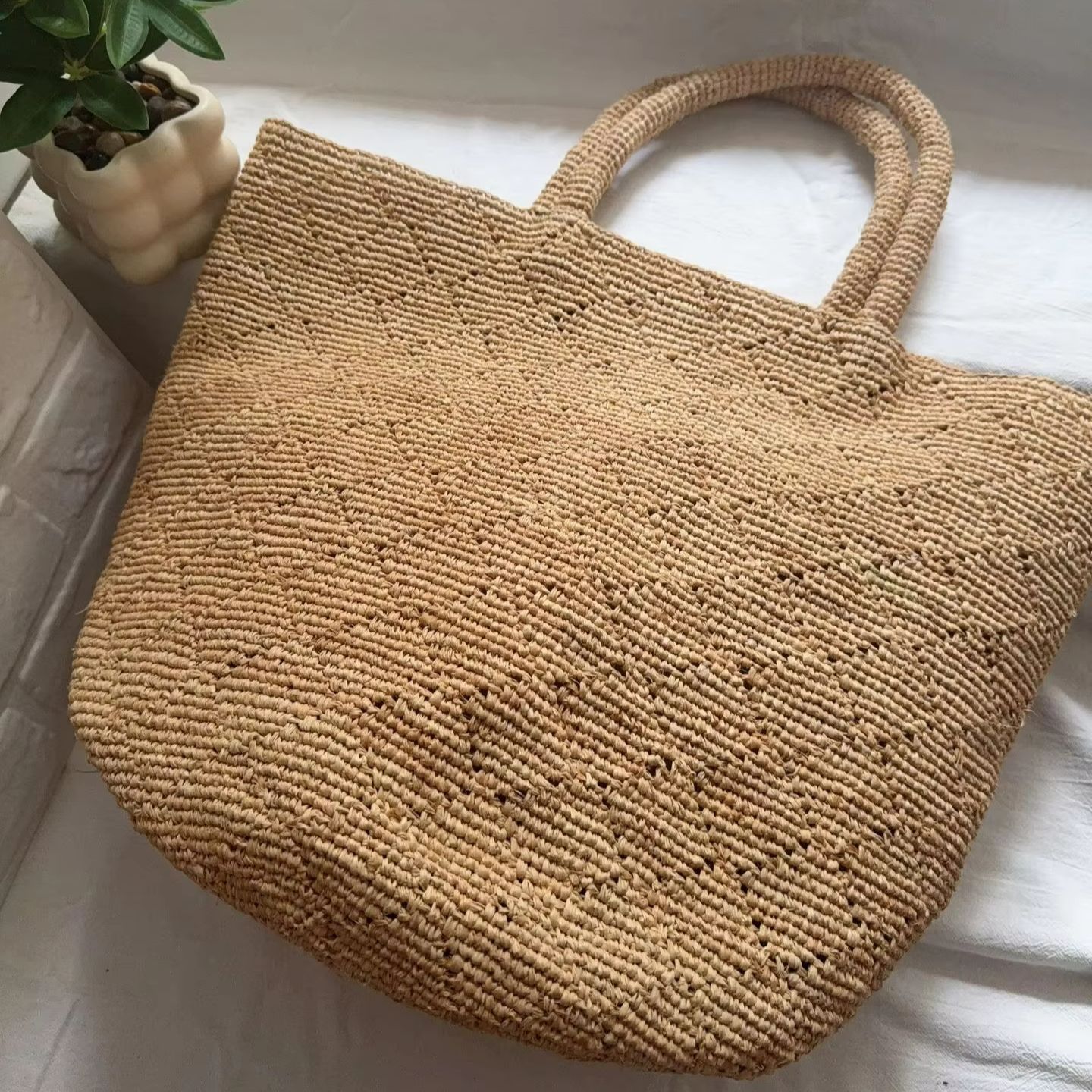 Women'S Raffia Bags - กระเป๋าถือสานทรงสี่เหลี่ยมแบบเรียบง่ายสำหรับผู้หญิง สายสะพายเดี่ยว ทำด้วยมือ ถักโครเชต์ เหมาะสำหรับไปทะเล