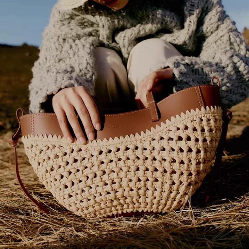 Women'S Raffia Bags - กระเป๋าถือสานลายฉลุสำหรับฤดูร้อนปี 2026 ทำจากราฟเฟียและหนัง PU น้ำหนักเบา งานแฮนด์เมด